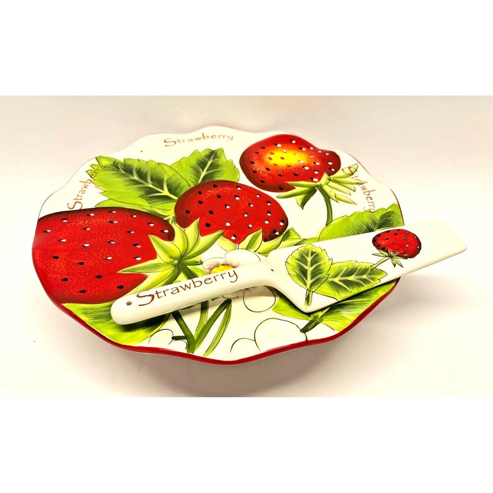 Pier 1 Imports Strawberry 11” Ceramic Cake Stand & 9.5” Server Hand Painted-Excl